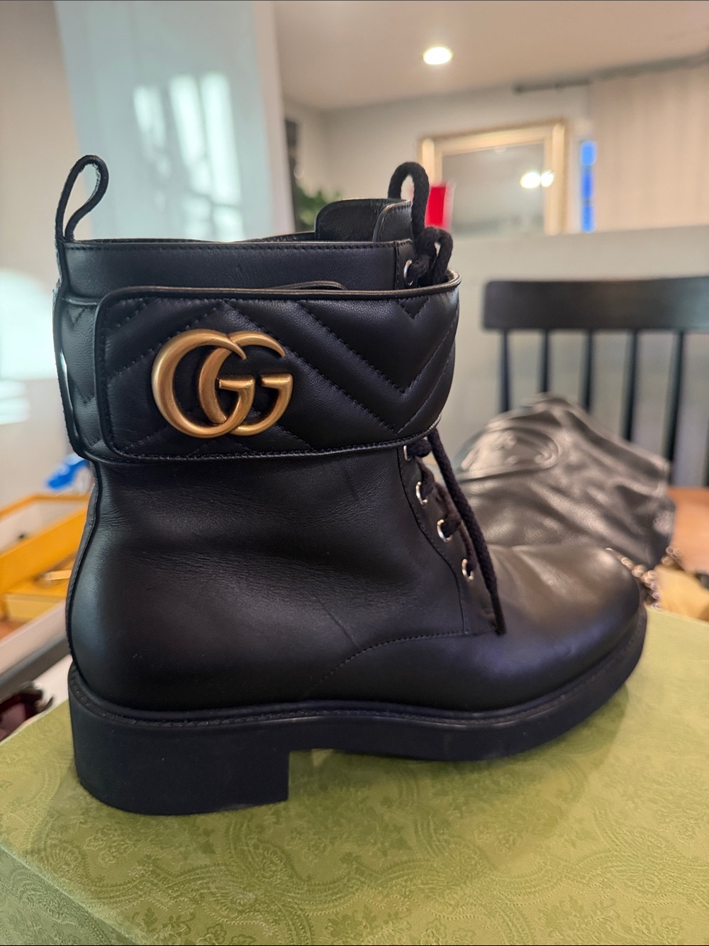 Gucci Black Leather Combat Boots with Gold GG Emblem / Flores calf MF Charlotte